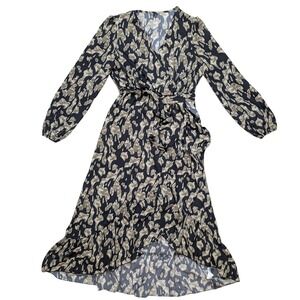 Black & Beige Dress Long Sleeve V-Neck Abstract Print Boho Everyday Dress